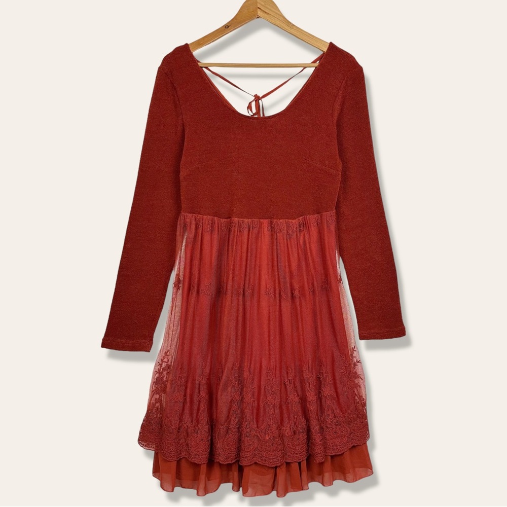 Aโreve Wool Burnt Orange Lace Mesh Ruffle Hem Long Sleeve Sweater Dress Boho